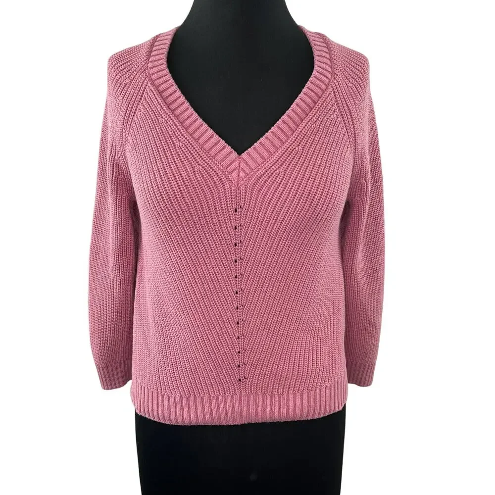 MARINE LAYER Ezra V-Neck Sweater in Light Mauve Pink 100% Cotton Standard Fit S - Picture 2 of 9